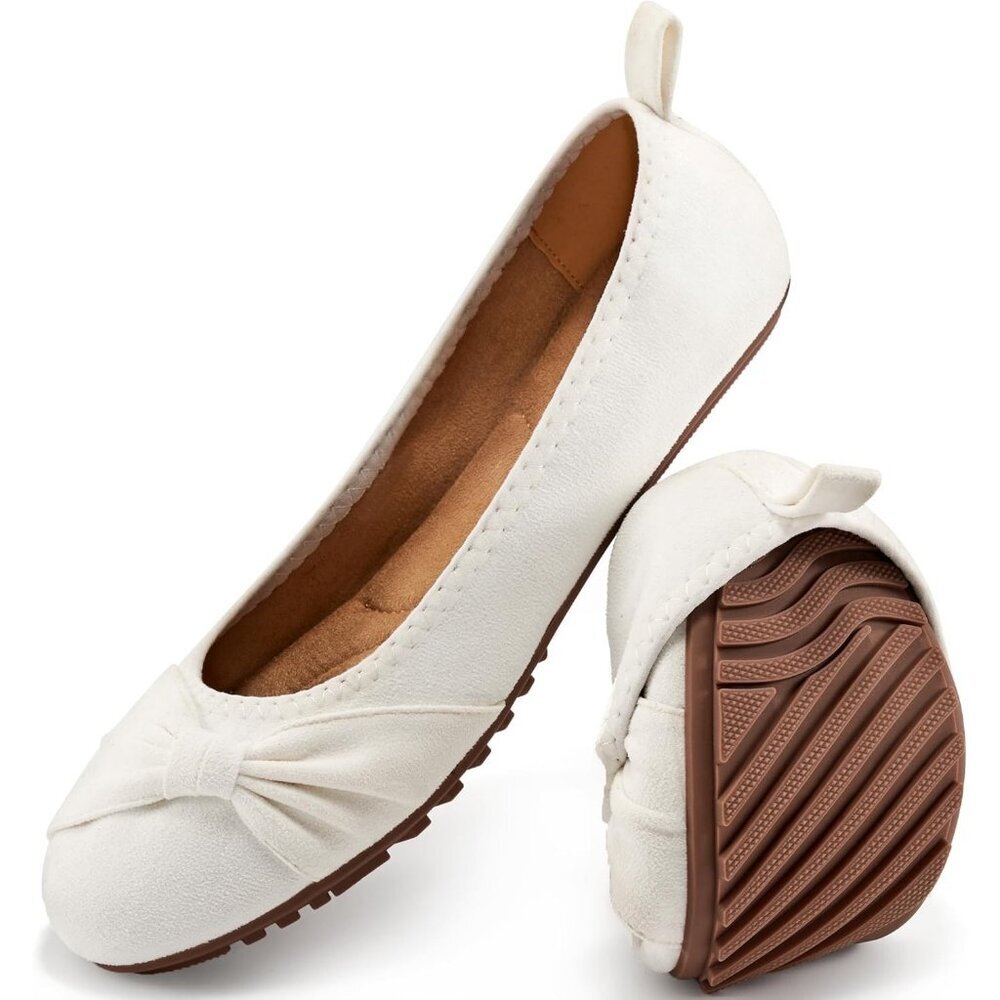 Women's White Round Toe Elegant Bow knot Foldable Ballet Flats Loafers Shoes